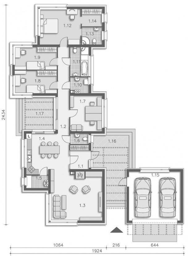 Одноэтажный дом из кирпича К-3 174 м² Одноэтажный дом из кирпича К-3 174 м²
