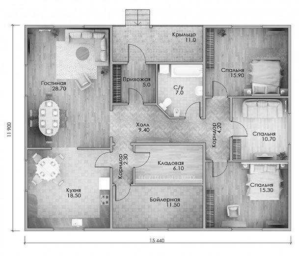 Одноэтажный дом из кирпича К-5 147 м² Одноэтажный дом из кирпича К-5 147 м²